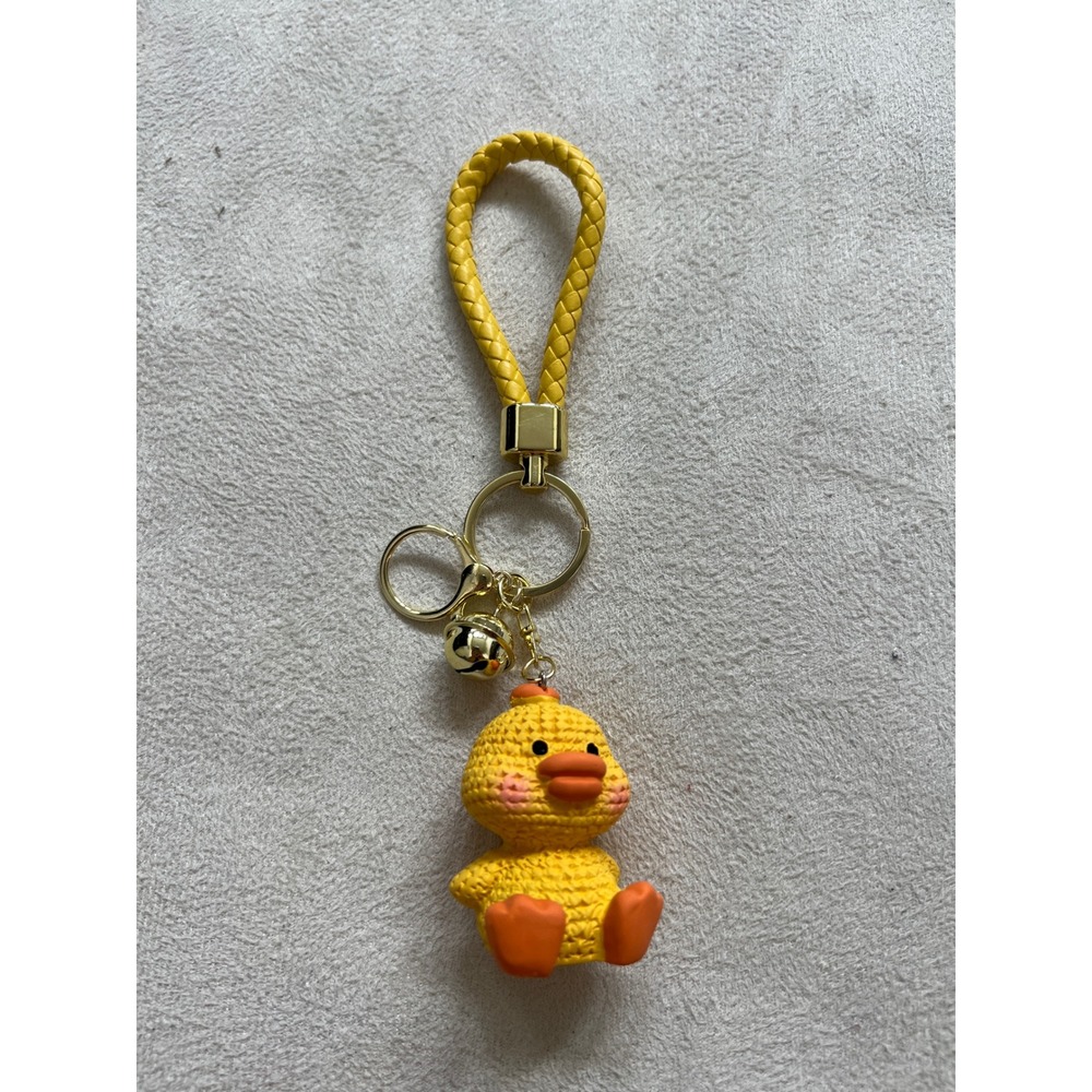 Yellow Duckling Keychain Braided Wristlet Strap Gold Bell Bag Charm Accessory